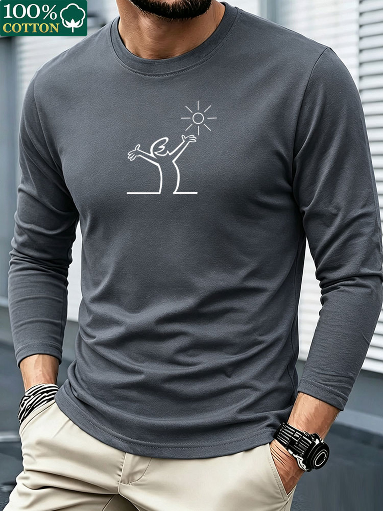 Men 100% Cotton Long Sleeve T  - Men'S Fashion T Shirts 评论和价格
